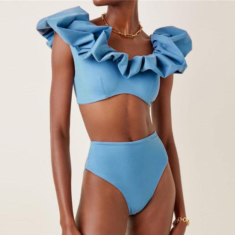 New one-piece bikini bubble shoulder solid color high waist split swimsuit