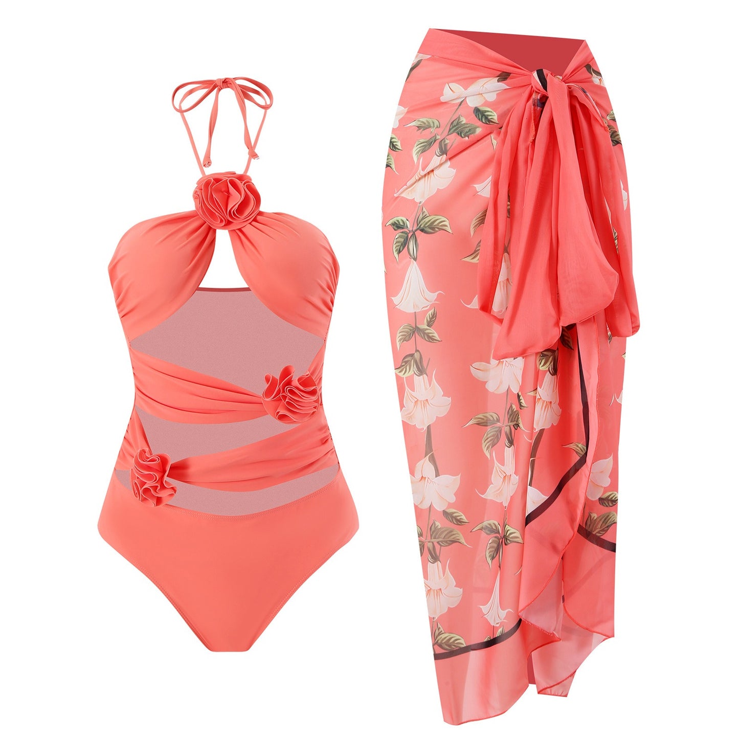 Swimsuit one-piece hollow rose flower sexy mesh skirt two-piece set swimsuit