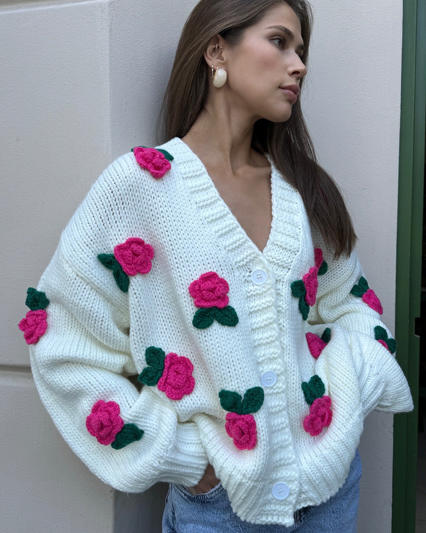 Three dimensional rose blossom knitted cardigan top hand crocheted sweater jacket