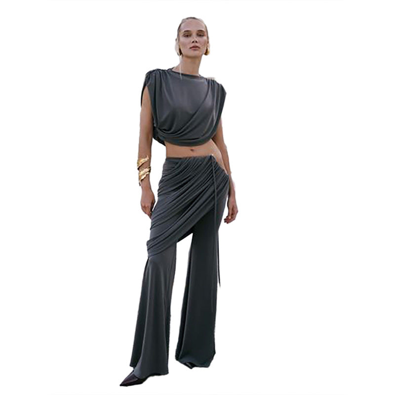 European and American style sexy exposed navel round neck top, high waist pleated slightly flared pants set for women