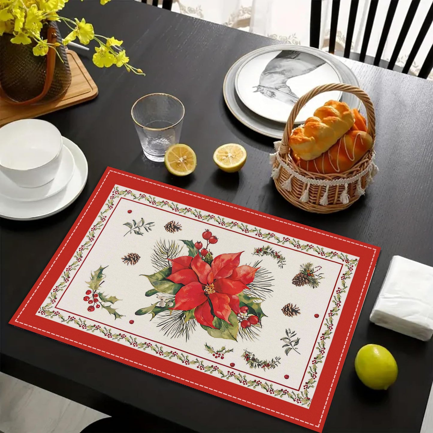 Christmas tree bell print placemat red striped plaid linen table mat Christmas party decoration insulation mat