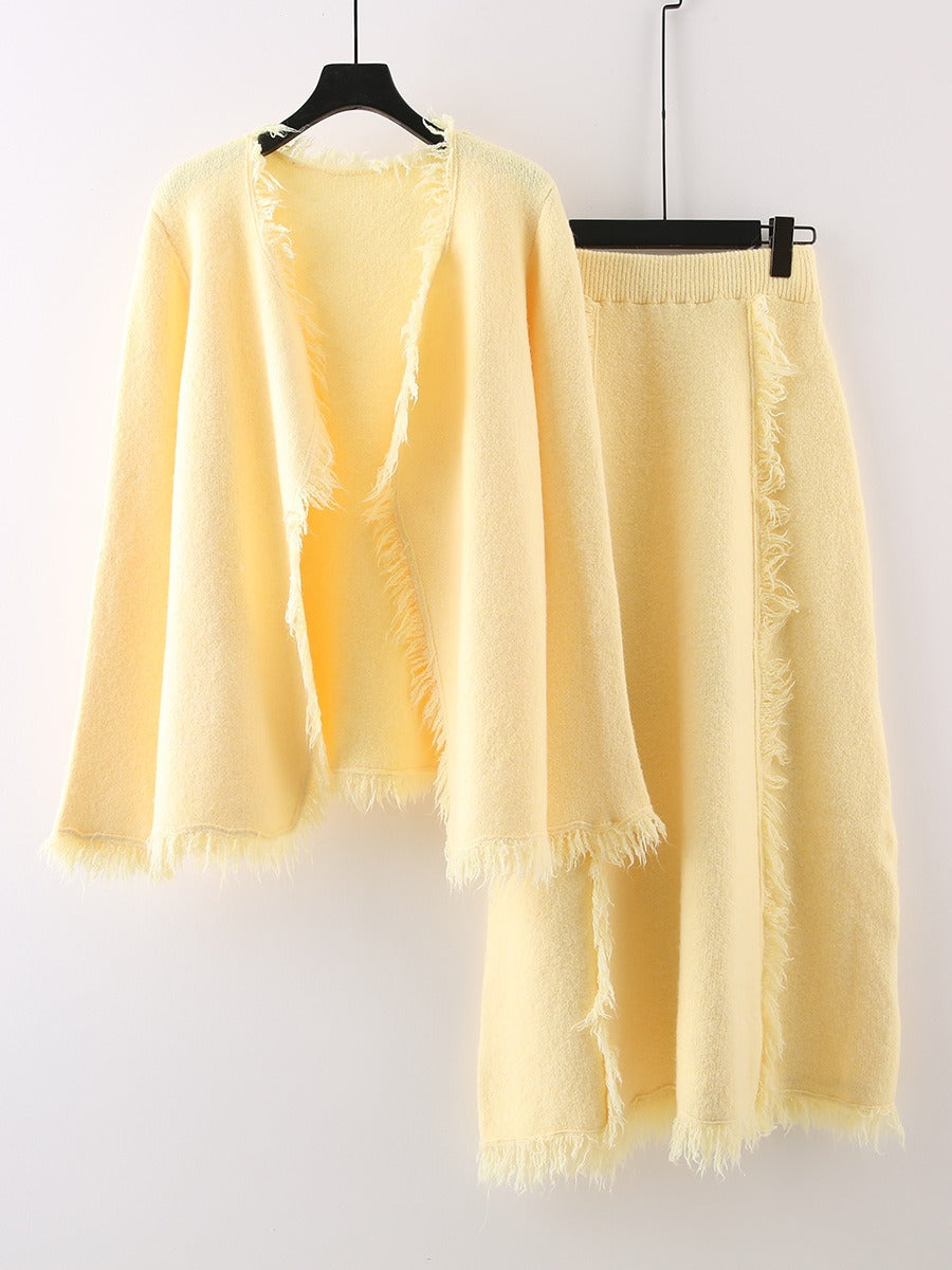 Autumn and Winter New Small Fragrant Hairy Knitted Shirt Set Skirt Loose and Slim Korean Half Body Skirt Two Piece Set