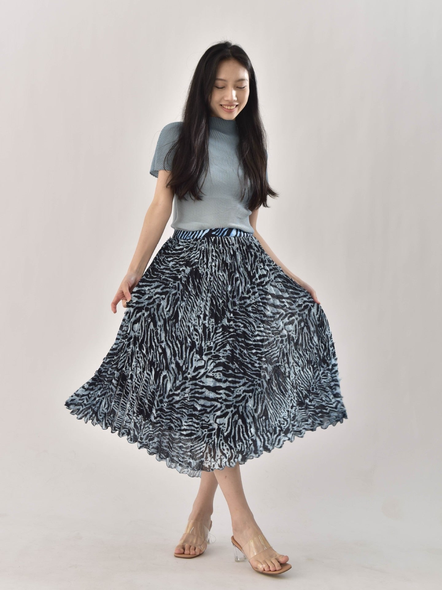 Wool ball yarn tiger print double-layer elastic waist high waist uniform size accordion pleat