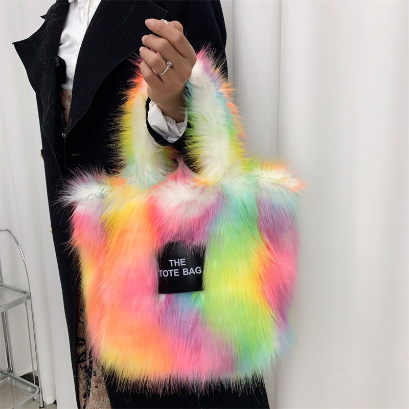 Crossbody Tote Bag Imitation Raccoon Fur Grass Plush Large Capacity Tote Bag Personalized Retro