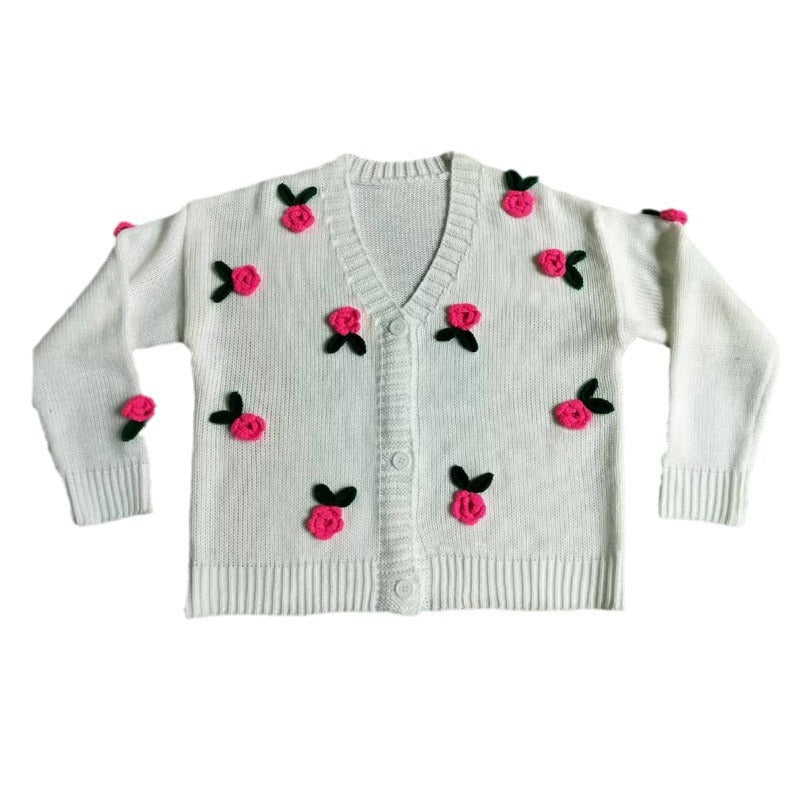 Three dimensional rose blossom knitted cardigan top hand crocheted sweater jacket