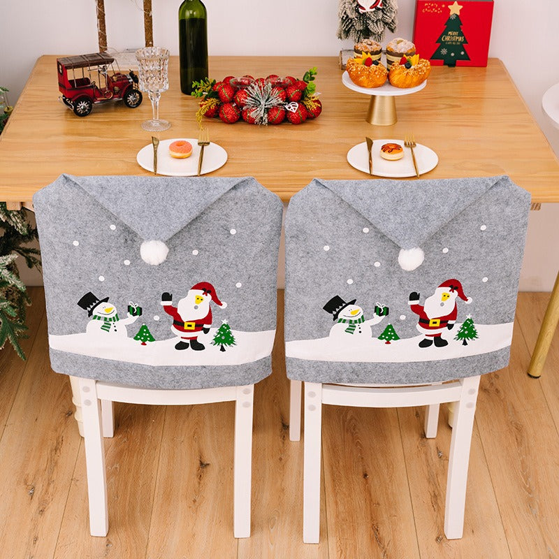 Grey printed chair cover elderly snowman non-woven fabric chair cover Christmas hat dining chair cover home use