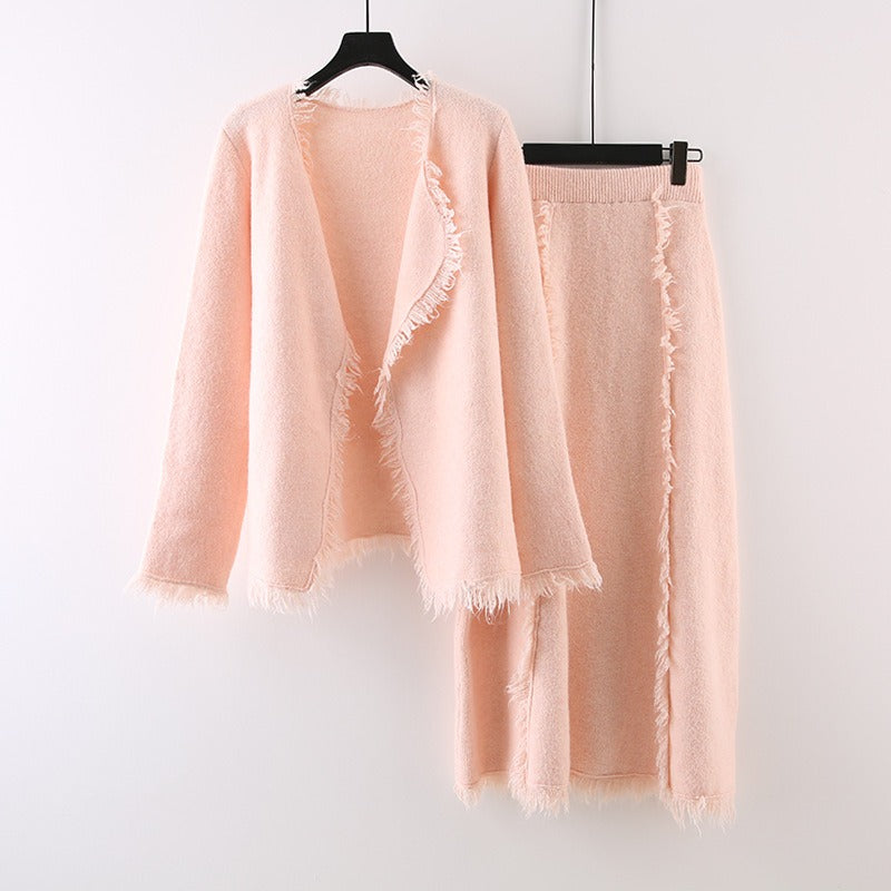 Autumn and Winter New Small Fragrant Hairy Knitted Shirt Set Skirt Loose and Slim Korean Half Body Skirt Two Piece Set