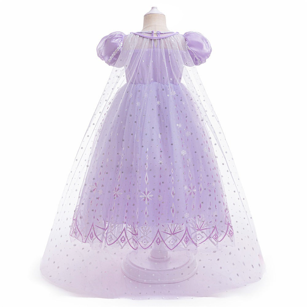 Frozen 2 Elsa Princess Dress Purple Bubble Sleeves Pearl Mesh Girls' Cosplay Dress Performance Dress