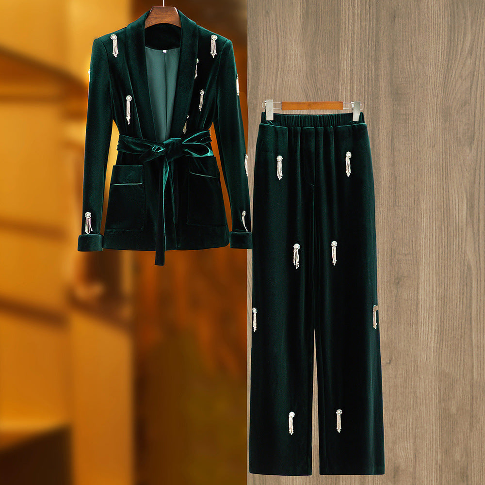 Fashion suit with green fruit collar, suit jacket, tie up elastic wide leg pants, two-piece set