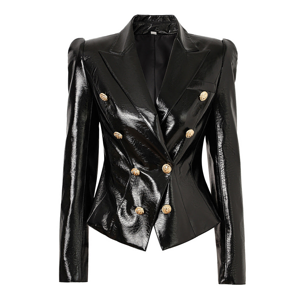 Black PU leather shiny face shrugged slim fit suit with waist cinching temperament cross-border jacket top trend