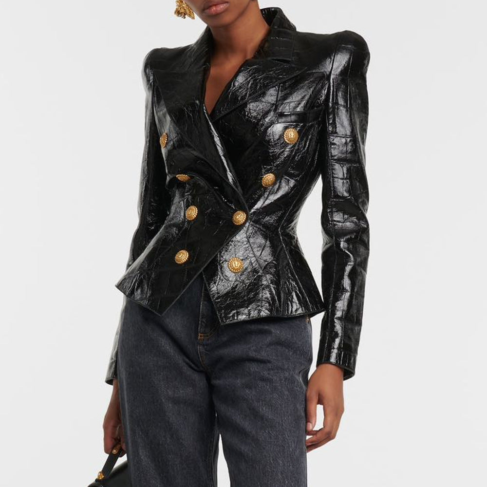 Black PU leather shiny face shrugged slim fit suit with waist cinching temperament cross-border jacket top trend