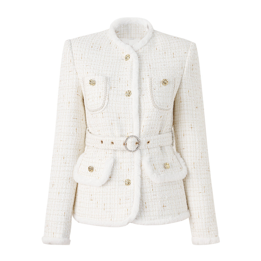 White woolen patchwork small stand up collar with lace up new socialite's light luxury jacket trendy top