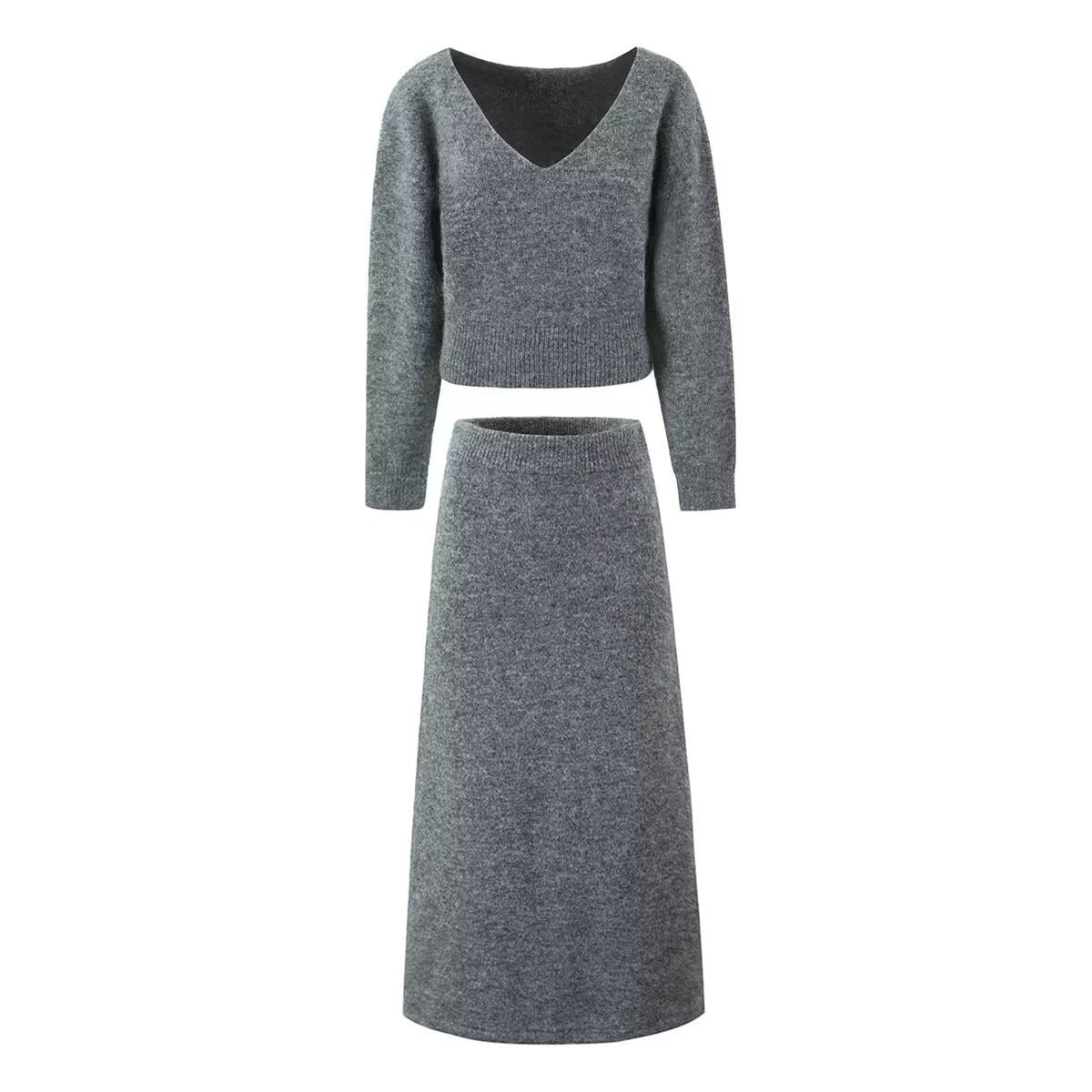 Grey V-neck long sleeved knitted sweater+high waisted knitted half length long skirt set