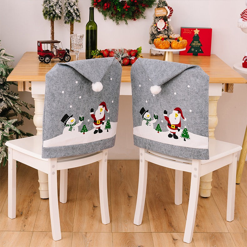 Grey printed chair cover elderly snowman non-woven fabric chair cover Christmas hat dining chair cover home use