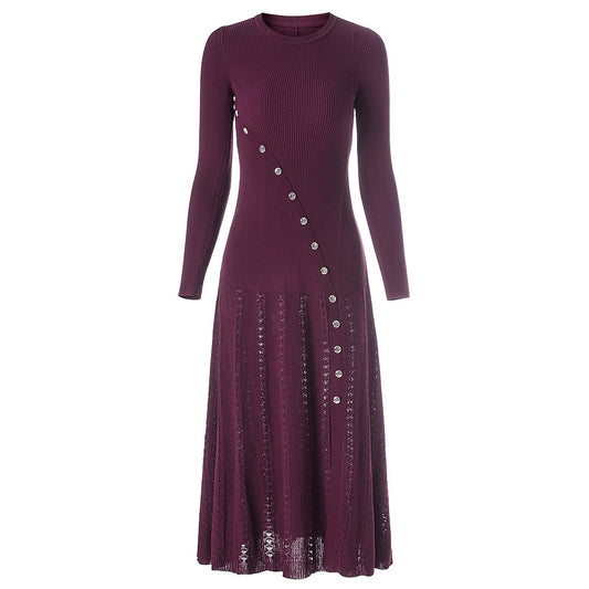 Long sleeved design with curved buttons heavy-duty elastic round neck mid east wind long dress