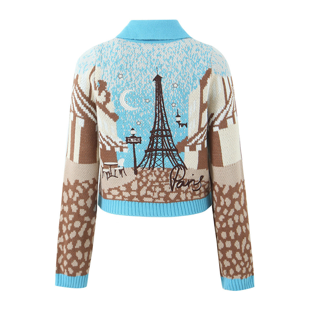 New European and American style printed short style lapel long sleeved knitted cardigan jacket