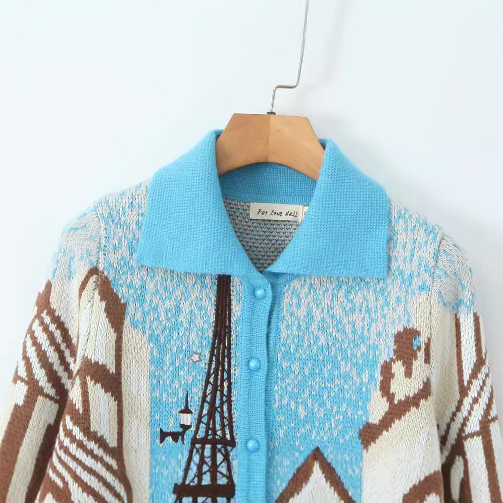 New European and American style printed short style lapel long sleeved knitted cardigan jacket