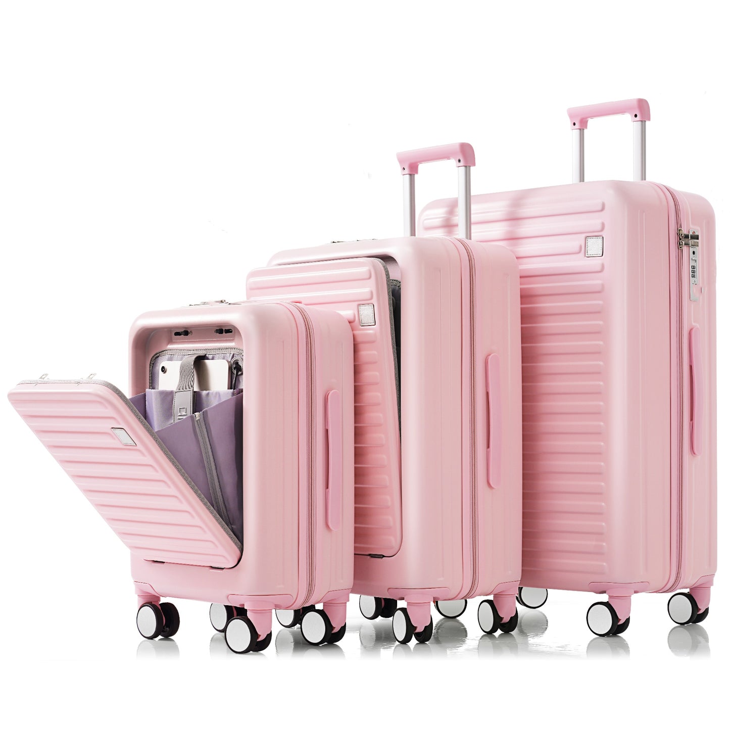 Luggage Set of 3, 20, 24, 28 inch luggage set with USB port, cup holder, ABS hard shell with rotating wheels, pink