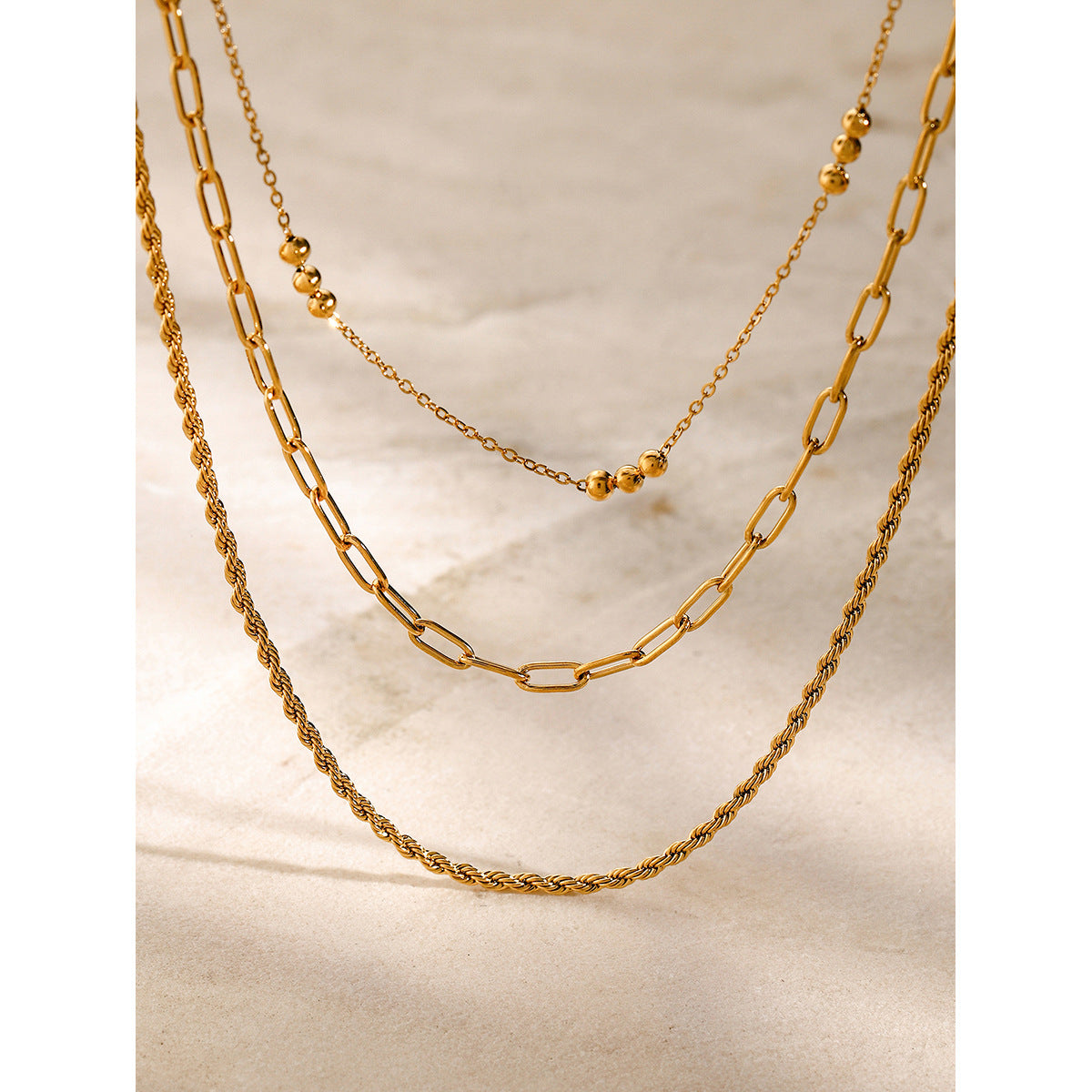 Stainless steel triple beaded loop chain Fried Dough Twists chain three-layer necklace beach style necklace