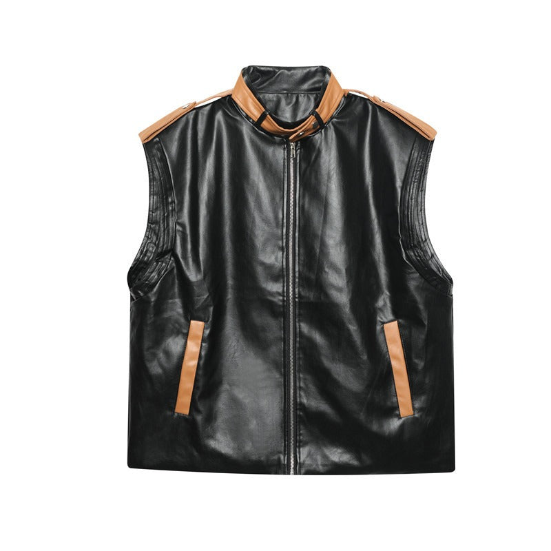 Personalized design sense top leather color blocking niche sleeveless vest trendy brand