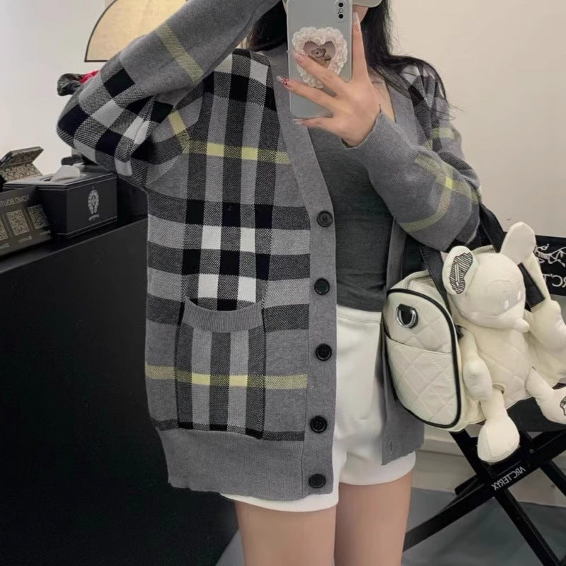 Classic plaid knitted cardigan jacket for women loose fit sweater for women single breasted top for women ﻿