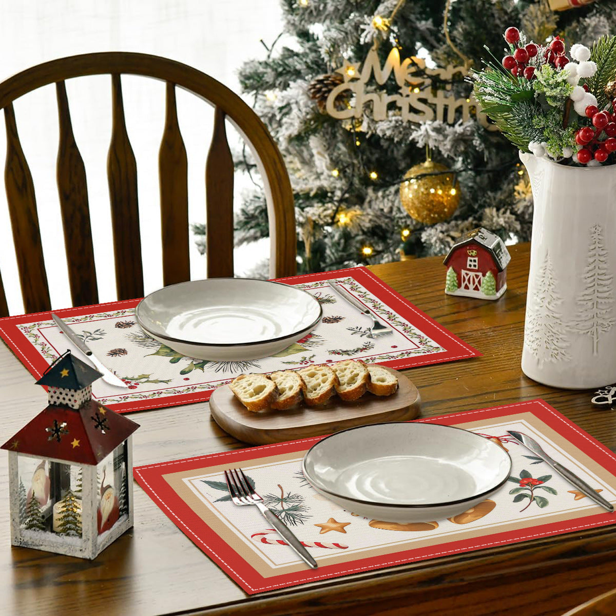 Christmas tree bell print placemat red striped plaid linen table mat Christmas party decoration insulation mat