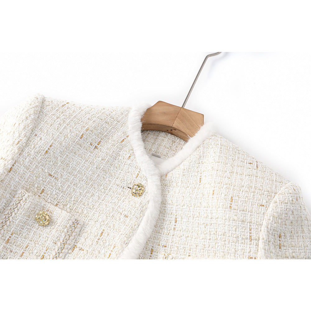 White woolen patchwork small stand up collar with lace up new socialite's light luxury jacket trendy top