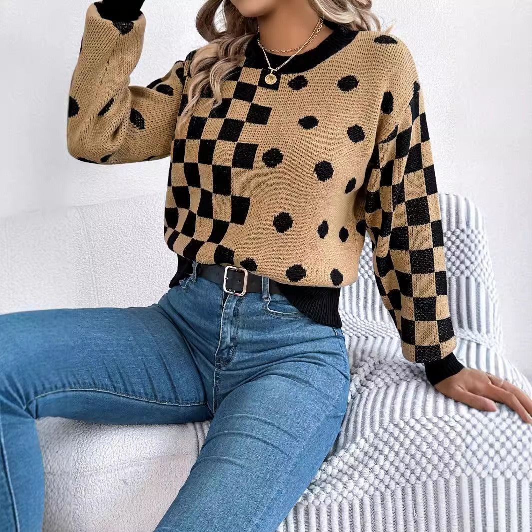 Casual contrasting polka dot checkered lantern sleeve sweater