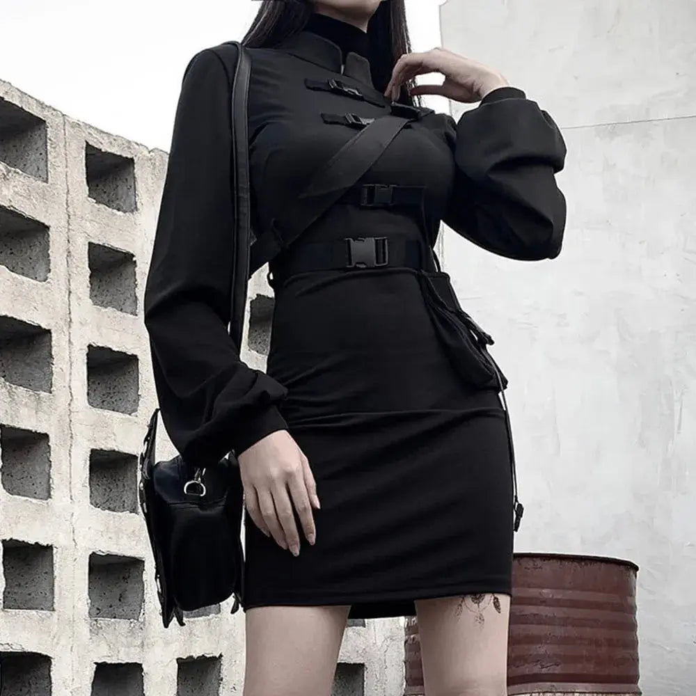 Rosetic Short Bandage Goth Dress Women Gothic Punk Belt Long Sleeve Streetwear Black Mini Vestidos Casual Dresses Spring 2024