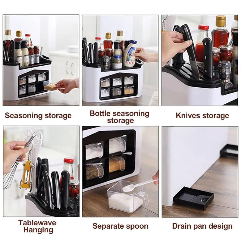 Kitchen Shelf Seasoning Container Spice Pots Box Storage Organizer Tableware Cutlery Knives Holder With Moisture Proof Cover