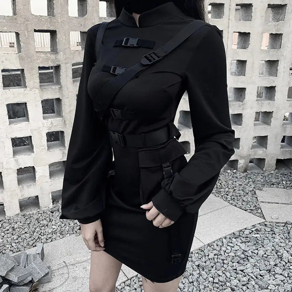 Rosetic Short Bandage Goth Dress Women Gothic Punk Belt Long Sleeve Streetwear Black Mini Vestidos Casual Dresses Spring 2024