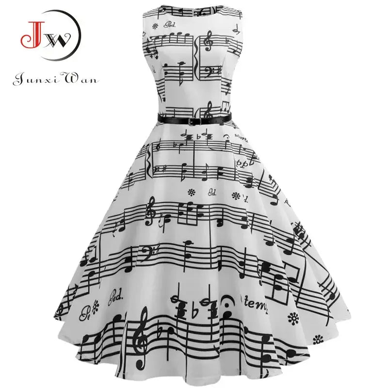 Women Summer Music Note Print Dress Robe Retro Swing Casual Vintage Sleeveless O-Neck Swing Dresses Vestidos