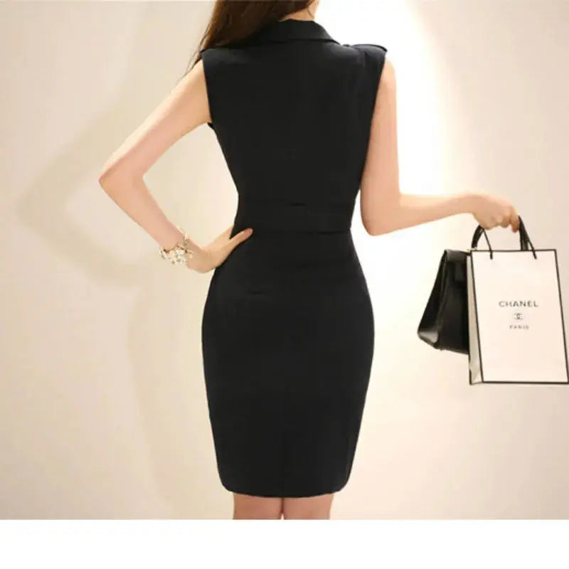 2023 Solid Pencil Dress Summer Women Black Sleeveless Tank Notched Knee-length Vintage Office Dress Elegant Dresses Vestidos