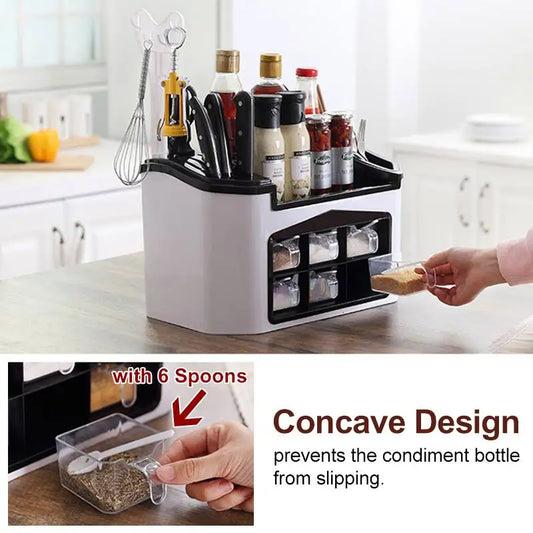 Kitchen Shelf Seasoning Container Spice Pots Box Storage Organizer Tableware Cutlery Knives Holder With Moisture Proof Cover