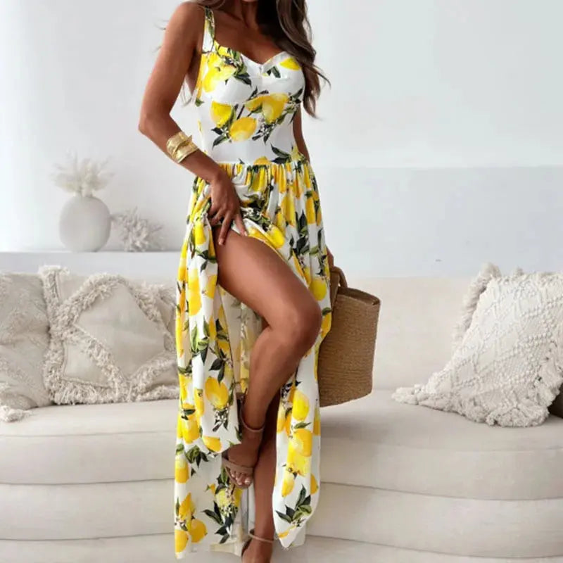 Chic Female High Waist Maxi Dress Summer New Elegant Lemon Printed Holiday Dress 2024 Women Suspender V-neck Long Party Dress