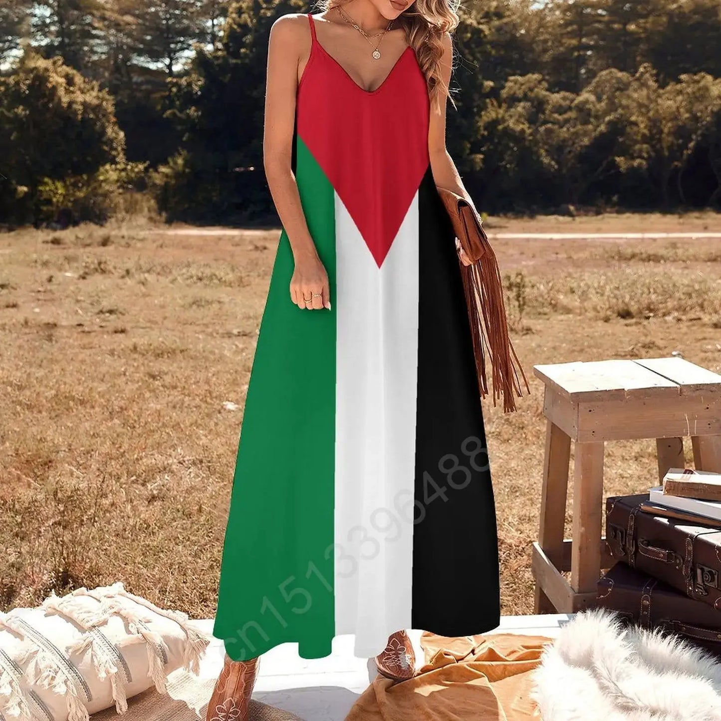 Palestine Flag Flag Print New Casual Sleeveless Long Dress Women's V-Neck Printed Dress Swing Retro Dresses