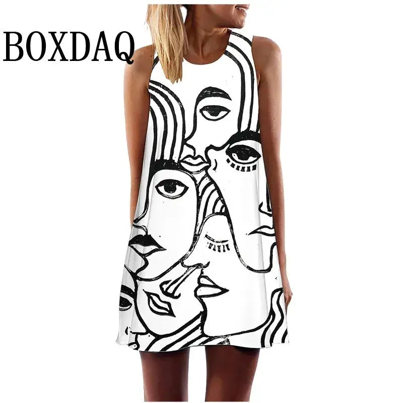 2024 Summer Women Vest Dress Abstract Face Art Printed O-Neck Sleeveless Mini Dress Casual Loose Sweet A-Line Sundress Vestidos