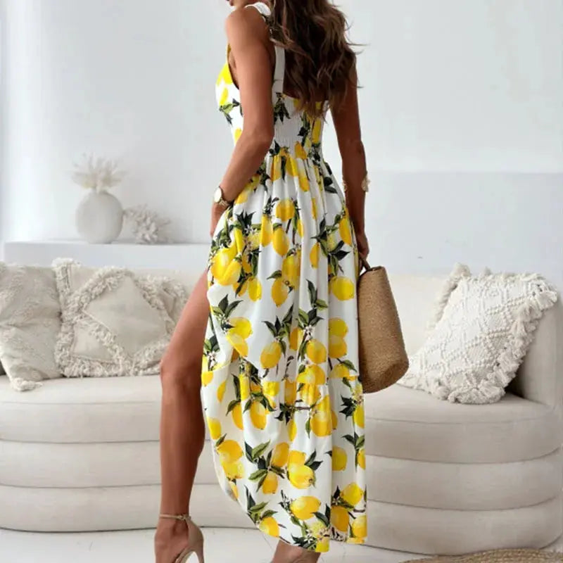 Chic Female High Waist Maxi Dress Summer New Elegant Lemon Printed Holiday Dress 2024 Women Suspender V-neck Long Party Dress