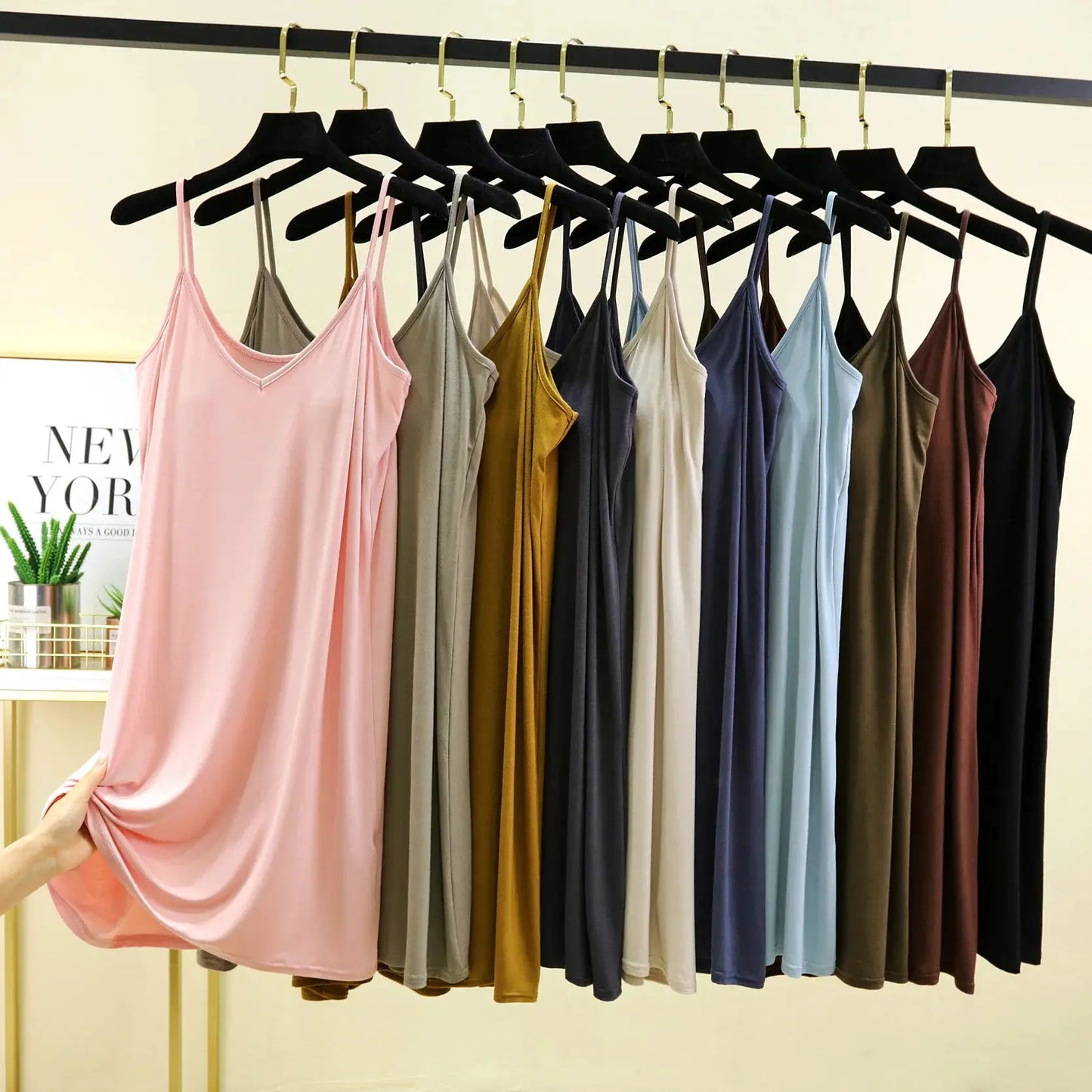 V-Neck Spaghetti Strap Dress Bra Padded Summer women's slipdress Solid color Camisole Homewear dresses Comfortable Sleepdress