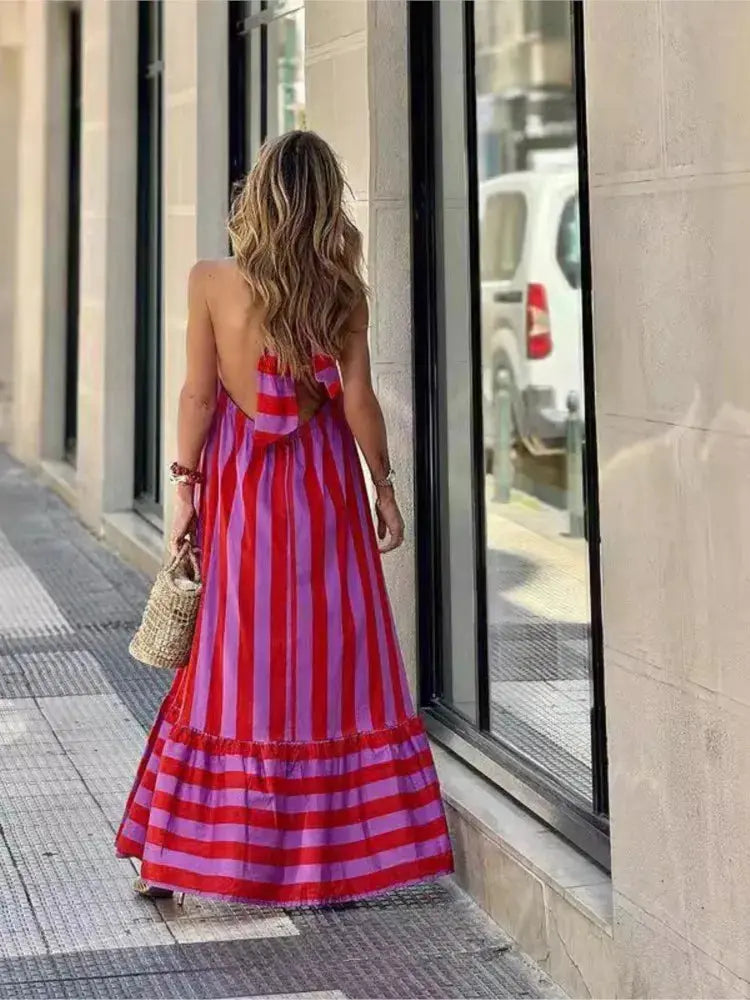 Stripe Print Halter Neck Long Dresses Women Fashion Backless Leace-up Casual Loose Vacation Style Dress Lady Commuting Vestidos