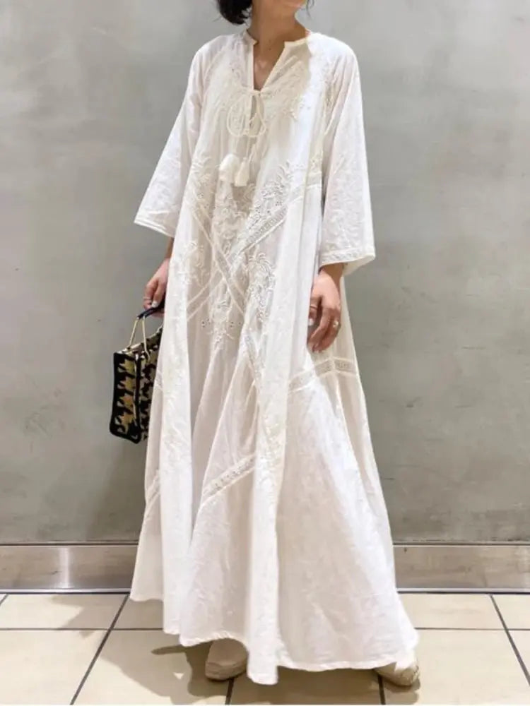 Ladies Cotton Linen Beach Maxi Dress White V Neck Embroidered Dress Casual Long Dress Women Oversize Lace Up Dress Female Loose