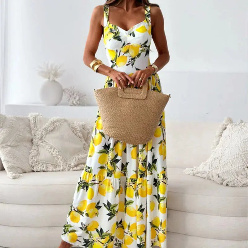 Chic Female High Waist Maxi Dress Summer New Elegant Lemon Printed Holiday Dress 2024 Women Suspender V-neck Long Party Dress