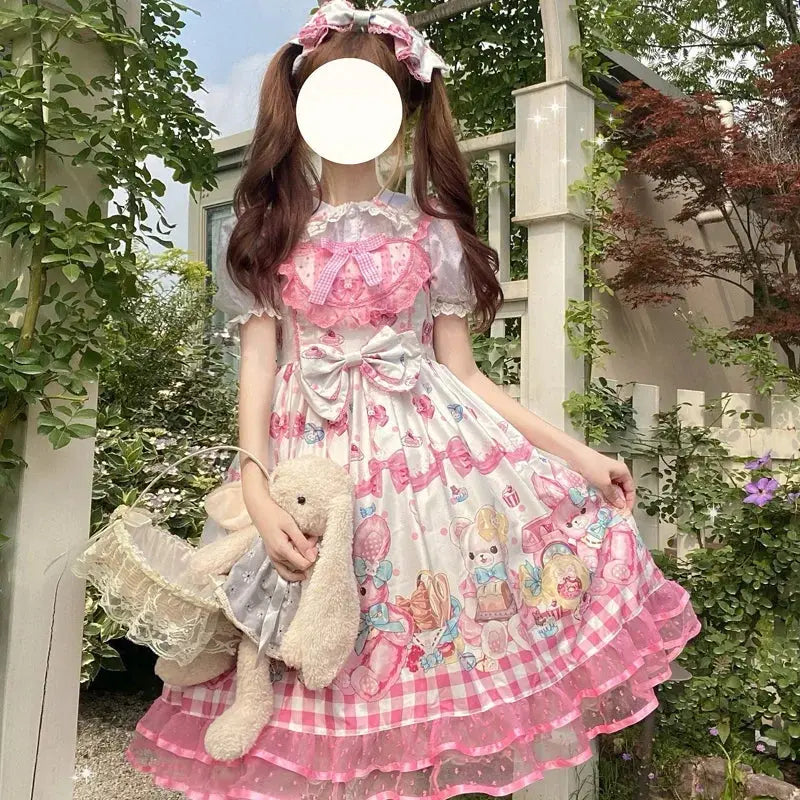 KIMOKOKM Lovely Kawaii Lolita Princess Style JSK Dress Square Collar Bow Rabbit Printing Ruffle Sleeveless Sweet Camisole Dress