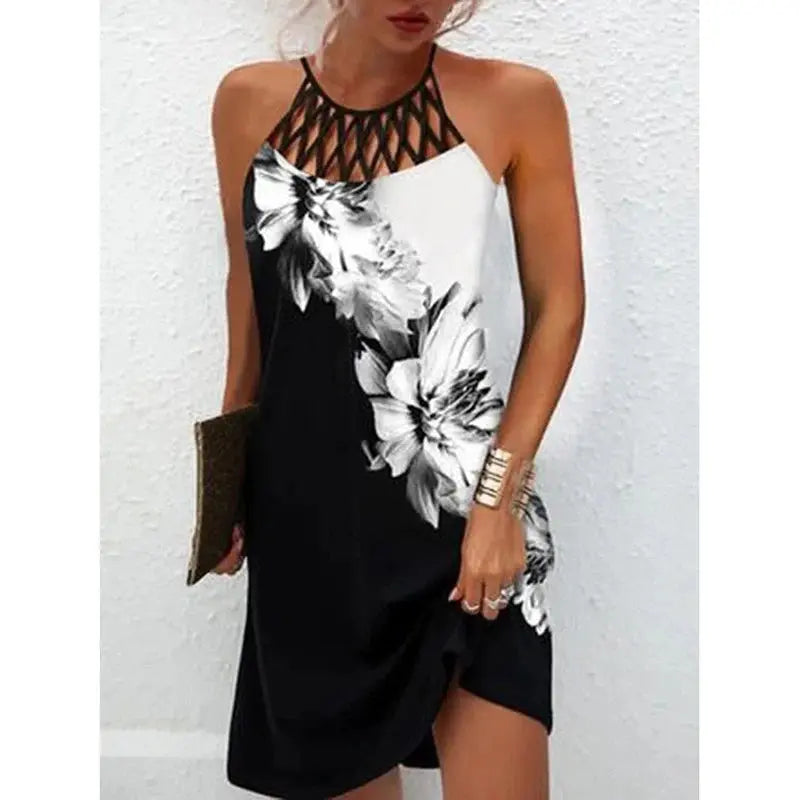 2024 Women Elegant Dress Loose Casual Short Dress Hollow Out Floral Print Round Neck Ladies Summer Dress 2022