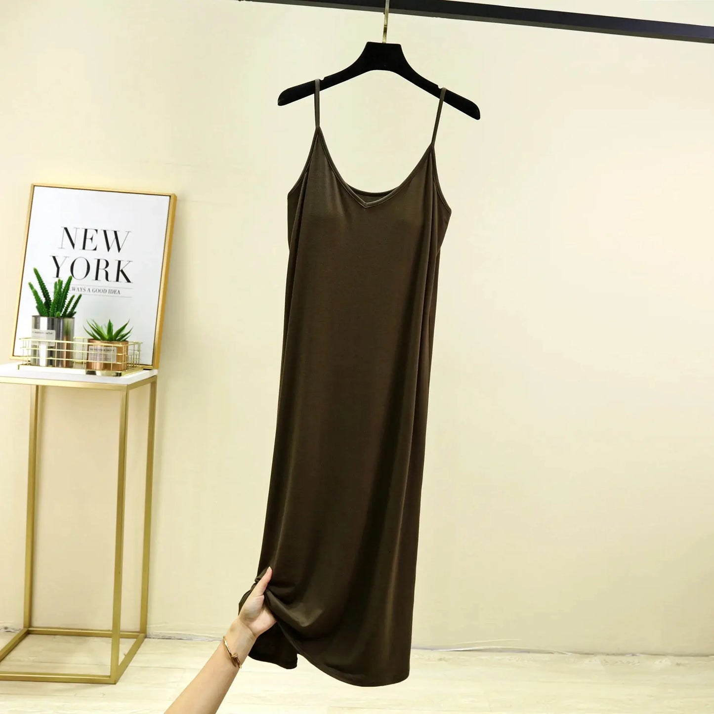 V-Neck Spaghetti Strap Dress Bra Padded Summer women's slipdress Solid color Camisole Homewear dresses Comfortable Sleepdress