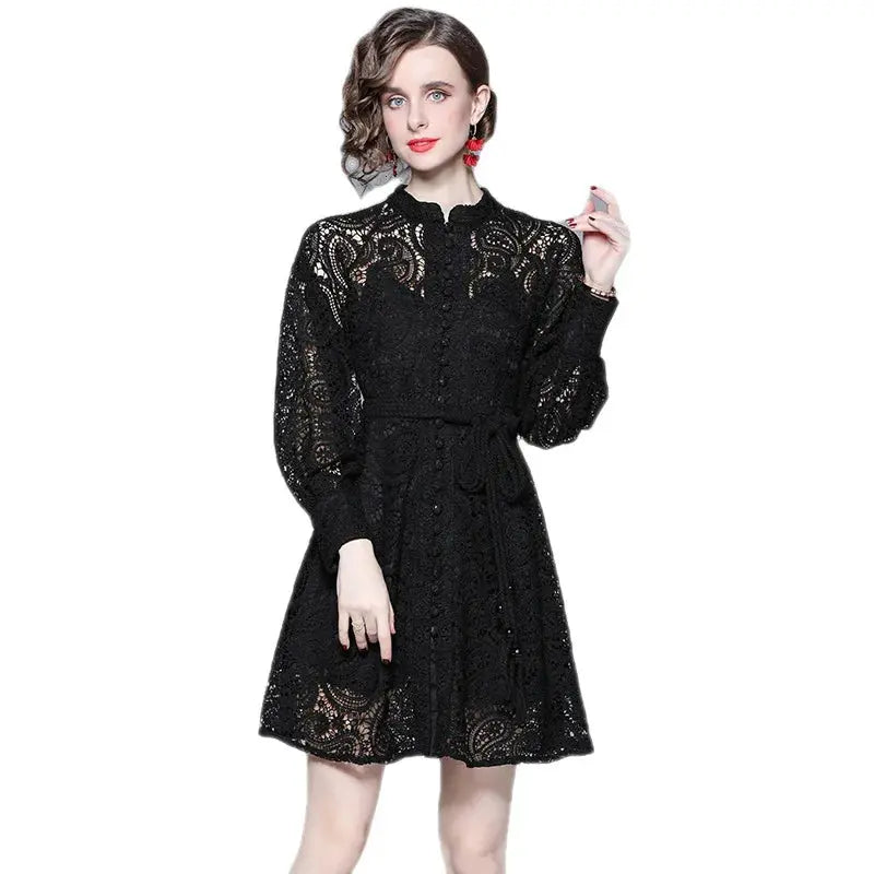 Embroidery New Autumn Single breasted Chiffon Solid Color Women's Dress A Line O Fashion Birthday Party Readymade Dress Prom