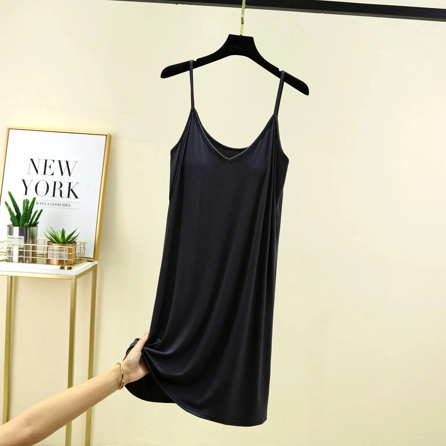 V-Neck Spaghetti Strap Dress Bra Padded Summer women's slipdress Solid color Camisole Homewear dresses Comfortable Sleepdress