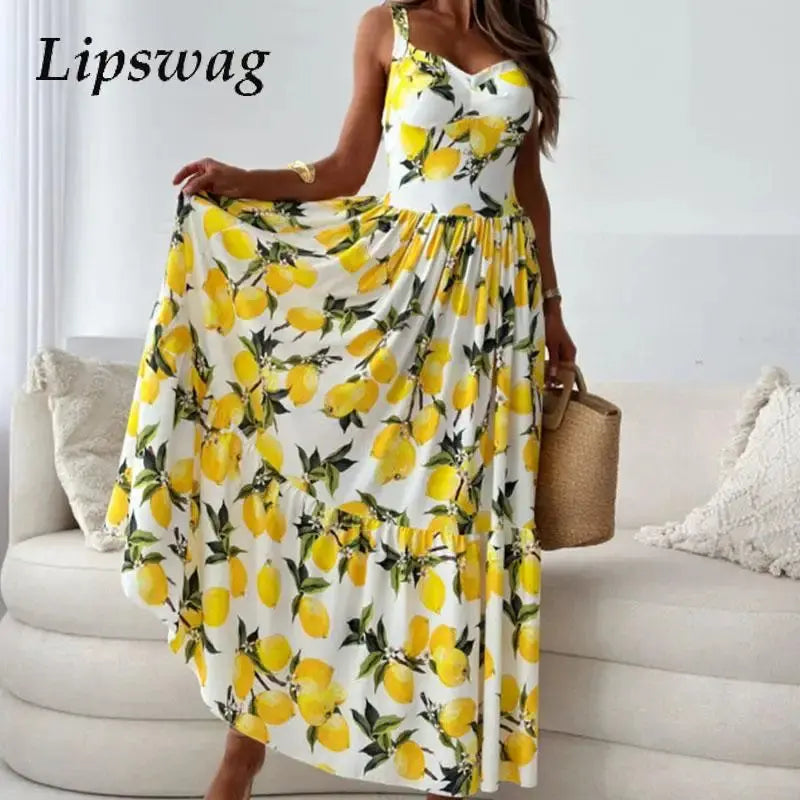 Chic Female High Waist Maxi Dress Summer New Elegant Lemon Printed Holiday Dress 2024 Women Suspender V-neck Long Party Dress