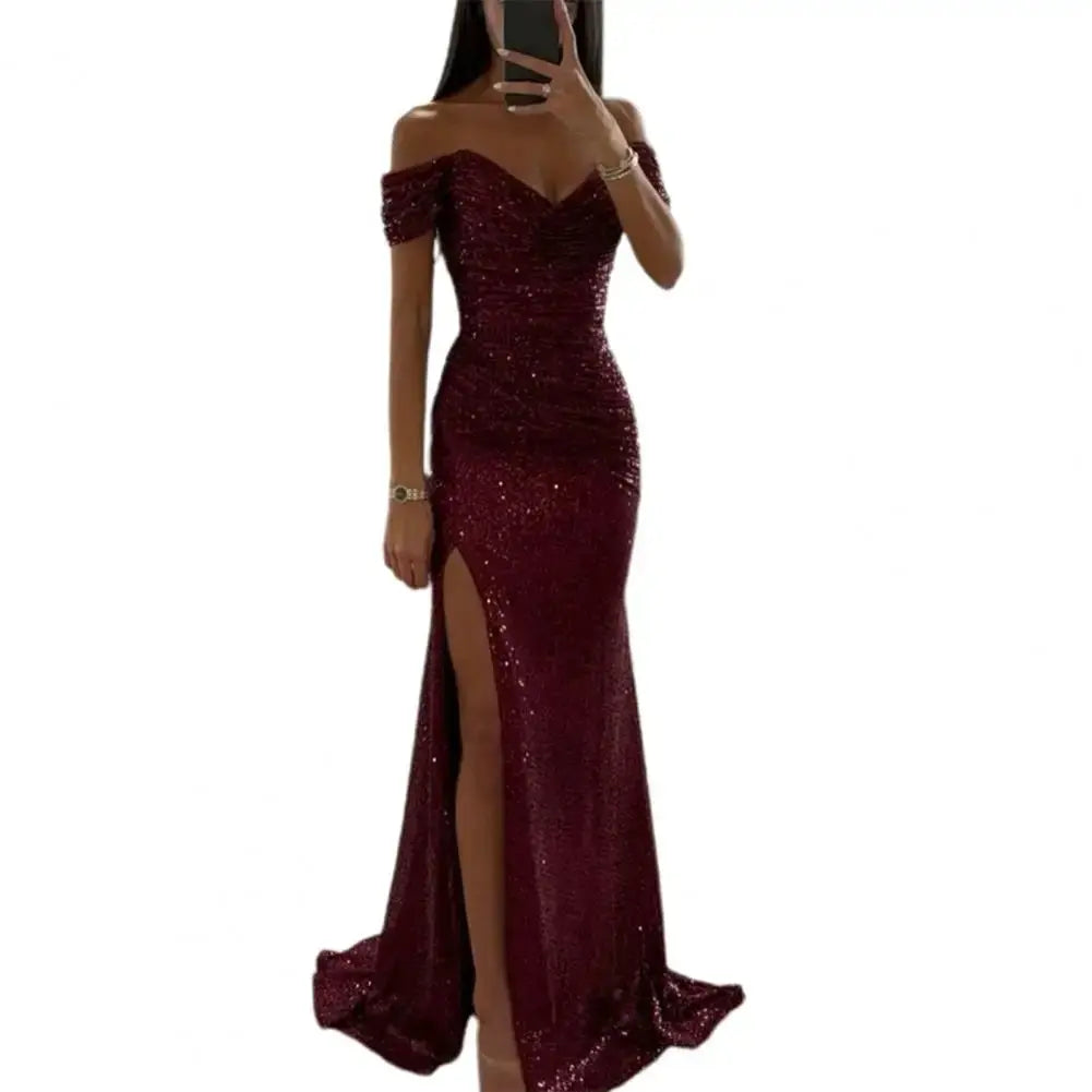 Summer Dress SkinnySequin Pleated Split Maxi Bodycon Dress Slim Fit Off Shoulder Evening Party Prom Dress Birthday Clubwear