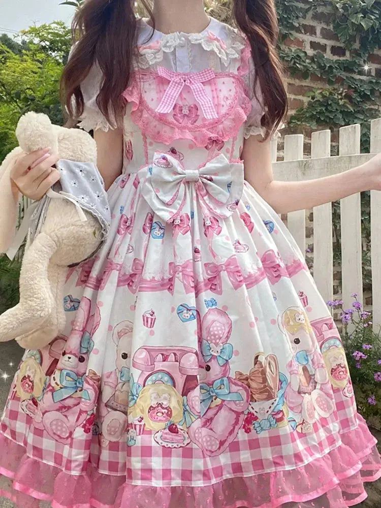 KIMOKOKM Lovely Kawaii Lolita Princess Style JSK Dress Square Collar Bow Rabbit Printing Ruffle Sleeveless Sweet Camisole Dress